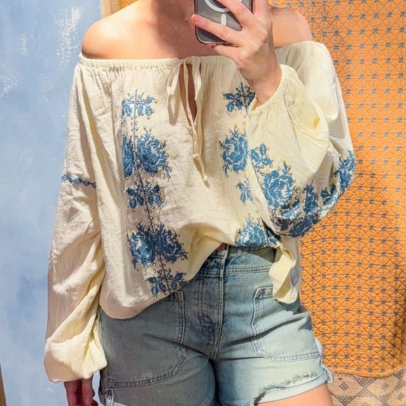 Free People Hayden Sequin Embellished XL Ivory Floral Embroidery On/Off Shoulder - Picture 3 of 7